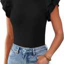 KIRUNDO Summer Sweaters for Women Lightweight 2025 Fall Ruffle Short Sleeve Business Casual Tops Slim Soft Knit T Shirts (Black, S)