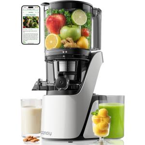 Canoly C16 Cold Press Juicer, 6" Extra Wide Feed Chute, 3-IN-1 Strainers (Juice & Sorbet & Nut Milk), Powerful AC Brushless Motor, Self Precut System, Juicer Machines with BPA-Free (Pearl White)