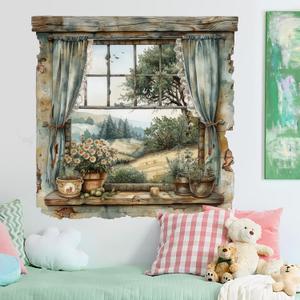 3D Creative Fake Window Wall Sticker Removable DIY Romantic Green Plants Daisy Wall Stickers Vinyl Trees and Mountains Natural Scenery Fake Window Wall Decal for Bedroom Living Room Decor (Brown-1)