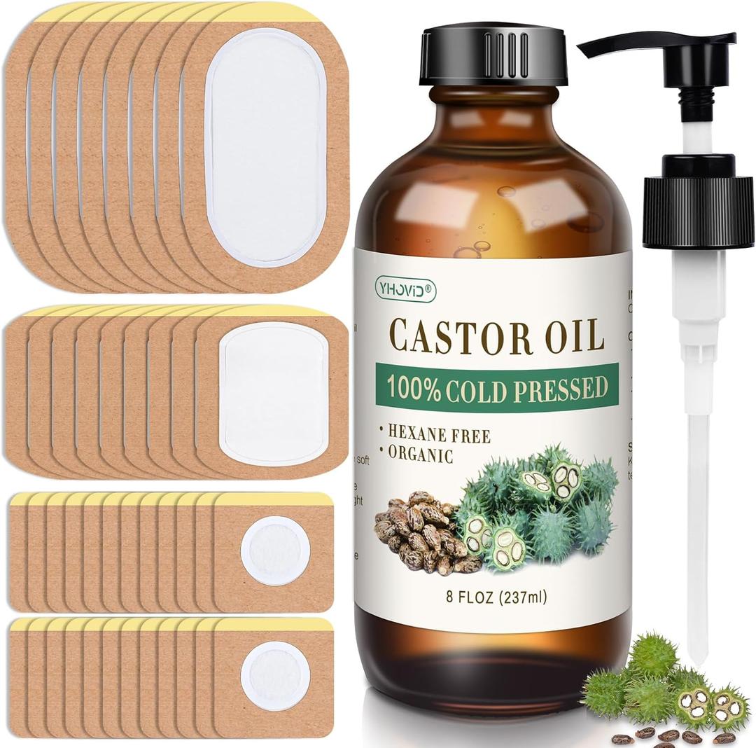 99Pcs Castor Oil Patches, Organic Cold Pressed Glass Bottle 8oz, Organic Cotton Patches Belly Button, Castor Oil Pack Wrap for Belly Button, Stomach, Self-Adhesive for Convenient Use