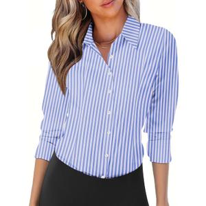 Zeagoo Womens Button Down Shirts Long Sleeve V Neck Tops Wrinkle Free Collared Work Office Solid Blouses Corset Tops (Medium, Wide Blue Stripe)