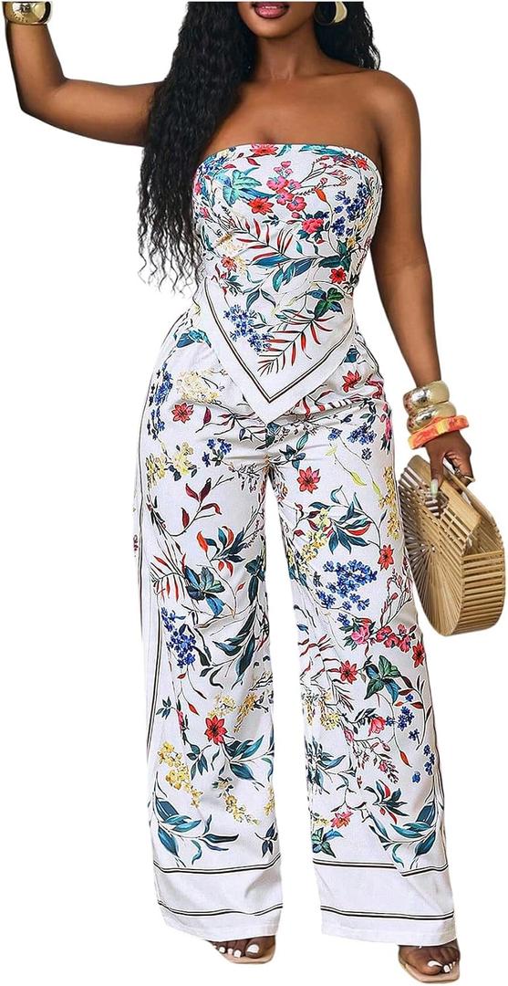 WDIRARA Women's Boho 2 Piece Outfits Floral Strapless Tube Wide Leg Pants Set Beach Vacation Outfits Multicolor, Small
