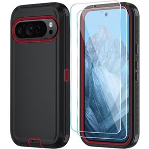 Qinmay Phone Case for Google Pixel 10/10 Pro Case with HD Screen Protector, Heavy Duty Shockproof & Dropproof 3-Layer Cover Phone Case for Pixel 10/10 Pro,BlackRed