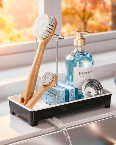 Caumic Minimalist Sink Caddy, Rustproof Sponge Holder for Kitchen Sink with 304 Stainless-Steel Brush Holder, Countertop Rack Organizer with Raised Ridges & Silicone Drain Tube (Black, Large)