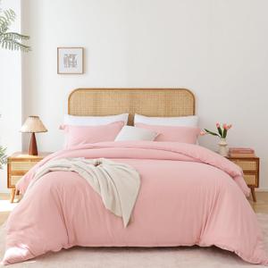 Whitney Home Textile Rose Pink Duvet Cover Set Queen Size - 3 Piece Luxury Soft Cooling Duvet Cover with Zipper Closure and Pillow Sham, Breathable Washed Brushed Microfiber, Comforter Not Included