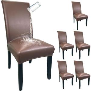 Pu Leather Dining Chair Covers set of 6, Waterproof Kitchen Chair Covers for Protecting Chairs from Stain/Scratch, Soft & Elastic Parsons Chair Slipcover Well-Fitted for Dinning Room(Coffee, 6Pcs)