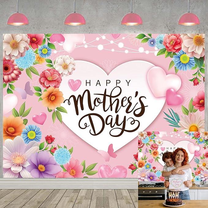 Happy Mother's Day Backdrop 7x5FT Pink Flowers Mothers Day Photography Background Thanks Mom Women Birthday Party Decorations Banner Supplies