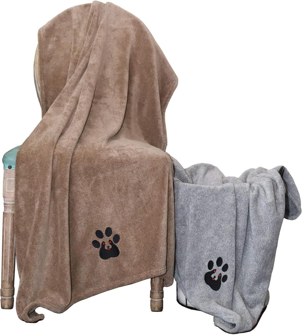 Extra Large Dog Towel - Pack of 2 - Super Absorbent Soft Microfiber Pet Bath Grooming Towels for Drying Dogs and Other Pets (XL-55" * 36", Grey and Brown)