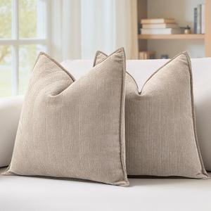 MIULEE Pack of 2 Beige Decorative Pillow Covers 20x20 Inch Soft Chenille Luxurious Couch Throw Pillows Farmhouse Cushion Covers with Elegant Design for Sofa Bedroom Living Room Spring Home Decor