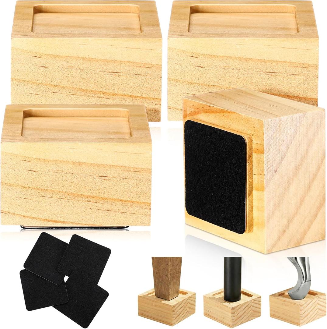 4 Pack Bed Risers Solid Wood Furniture Risers Lifts Height Adjustable from 1" to 4" Non-Slip Recessed Hole with 8 Anti-Slip Mats for Bed Furniture Sofa Chair Table (Height 2",Wood Color)
