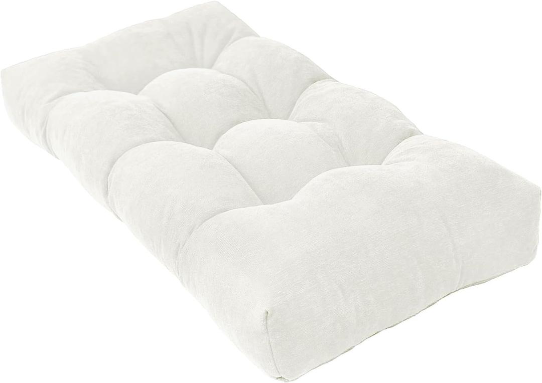 36 Inch Bench Cushion, Tufted Window Seat Cushion with High-Density Memory Foam, Soft Chenille Non-Slip Indoor Furniture Pad for Bay Window, Dining Bench, Entryway (White, 36x14x4)