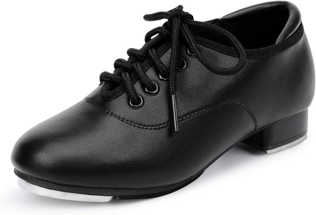 Stelle Tap Shoes for Girls Boys Lace Up PU Leather Dance Shoes for Little Kid/Big Kid (Black) 4 Big Kid