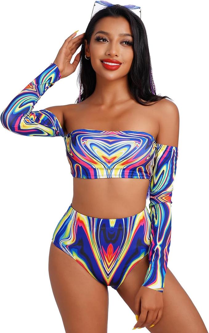 ABAFIP Women's Rave Outfits 2 Piece Crop Top Mini Skirt Swimsuits Going Out Party Music Festival Dancewear Size S