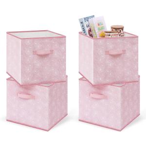 Collapsible Storage Cube Bins - Fabric Cubby Organizer,Flower Decorative Shelf Basket Dual Handles,13 Inch Rosegold Box For Nursery/Home Office/Closet/Kids Room/4-Pack(Blush Pink)