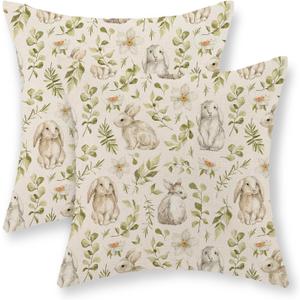Spring Easter Pillow Covers 18x18 Set of 2 Rabbit Bunny Green Floral Leaf Decorative Throw Pillow Covers Spring Holiday Farmhouse Pillow Cases Decor Outdoor Linen Cushion Case for Couch Home