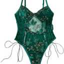 Lilosy Women Sexy Lace Up Floral Embroidered Teddy Lingerie Bodysuit Top Mesh Sheer One Piece, Butterfly Army Green Medium