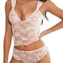 Kolagri Womens Sexy Lace Pajamas Lingerie Set Floral Sheer Sleepwear See Through Cami Panty 2 Piece Nightwear (Medium, White)