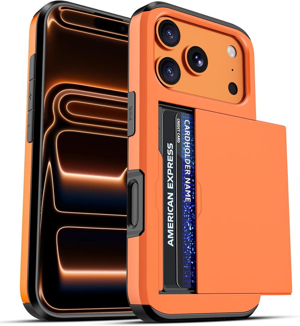 Jiunai for iPhone 17 Pro Case Wallet Card Holder for 2 Cards CC IDs License Hidden Slide Card Slot Pocket Hybrid Protective Phone Case for iPhone 17 Pro 6.3 2025 Women Men - Orange