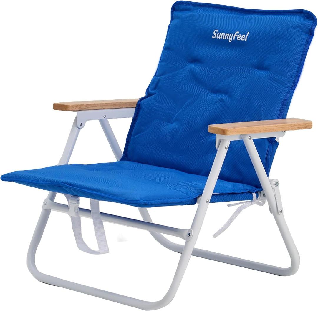 SUNNYFEEL Foldable Beach Chair, Beach Chair Backup with Wood Armrest & Cushion, Lightweight Camping Chair Heavy Duty for Beach, Camping, Lawn, Outdoor, Blue