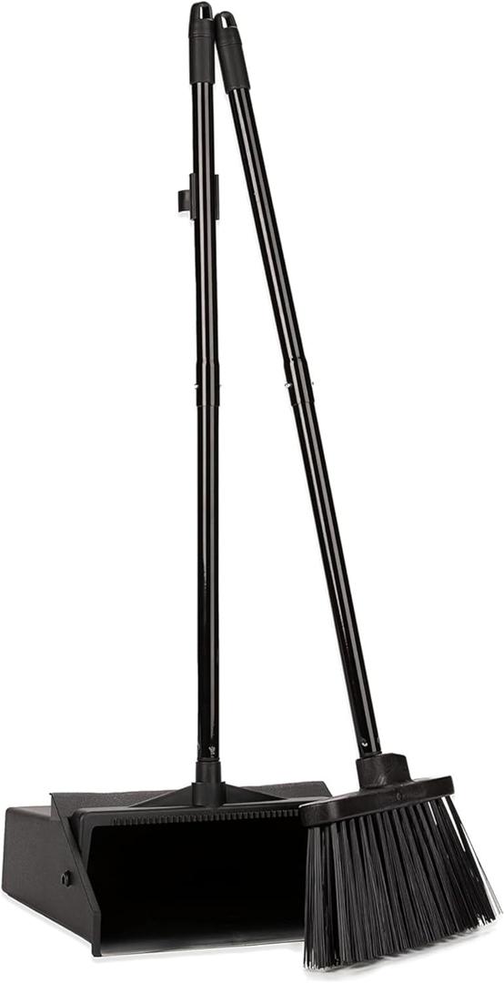 Carlisle FoodService Products Duo-Pan Lobby Broom and Dustpan Set  36" Upright Broom with 2-Piece Handle and Pivoting Pan  Compact Commercial Floor Tool for Tight Spaces, Black