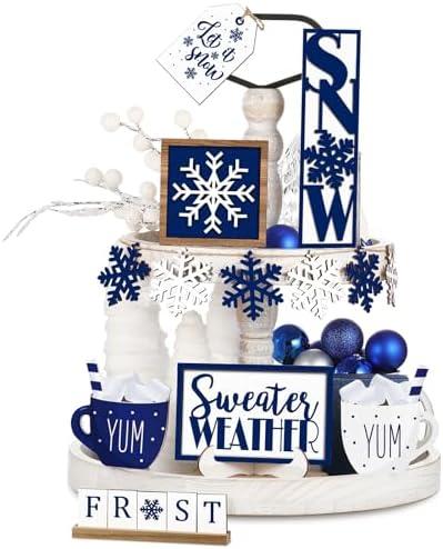 Jetec 12 Pieces Winter Tiered Tray Decor Set Snowflake Wooden Sign Let It Snow Table Decorations Farmhouse Coffee Bar Signs Winter Tray Decor for Home Kitchen Tabletop(Blue)