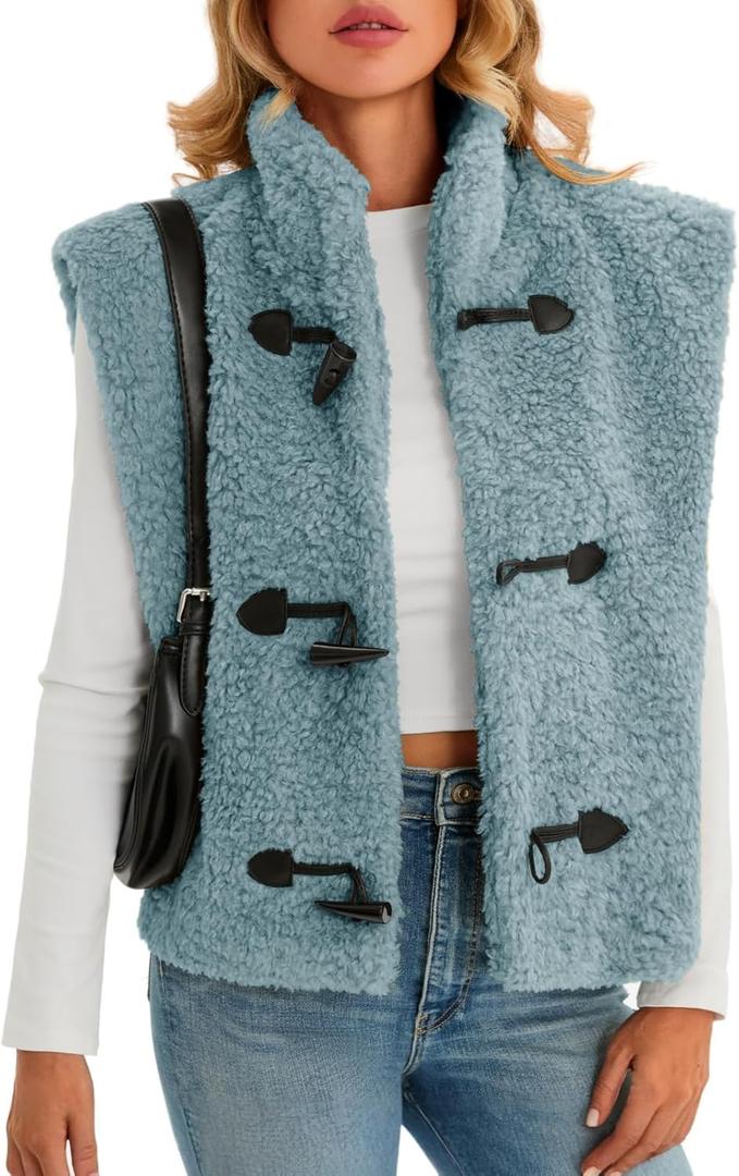 Tanakneo Womens Fuzzy Fleece Vest Cropped Sleeveless Sherpa Jacket Stand Collar Toggle Warm Outerwear Vest (Small, Blue)