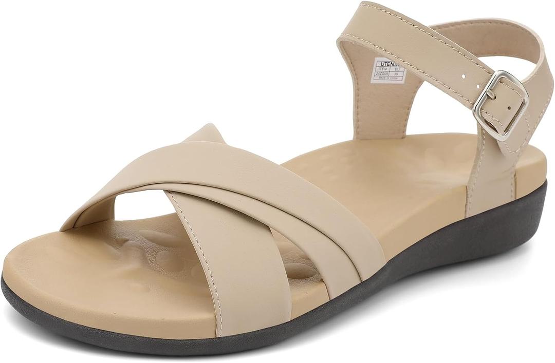UTENAG Women's Comfortable Walking Flat Sandals Arch Support Ankle Strap Strappy Sandals (Size 5, Beige)