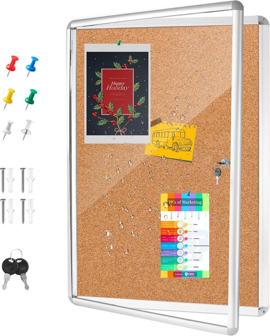 36x24 Inch Outdoor Enclosed Bulletin Board,Enclosed Cork Notice Board with Aluminum Frame, Shatter-Resistant Tamper-Proof Display Board Case Cork Board for School, Office, Park(9A4) (Sliver)