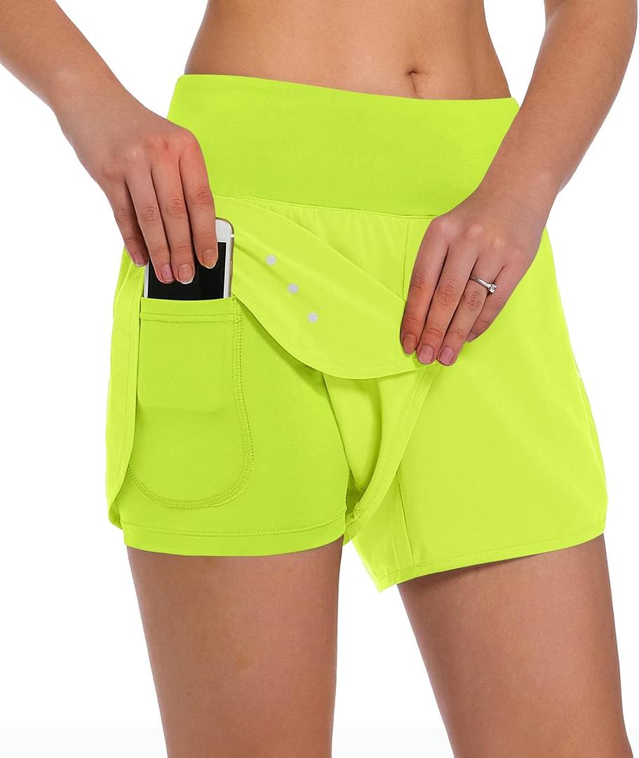 Ksmien Women's 2 in 1 Running Shorts - Lightweight Athletic Workout Gym Yoga Shorts Liner with Phone Pockets, Large, Fluores Yellow