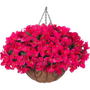 Artificial Fake Hanging Flowers Plants Basket for Outdoors Spring Summer Decoration, Faux Silk Bougainvillea Flowers in Planter UV Resistant Realistic for Outside Porch Patio Garden Yard Home, Hotpink