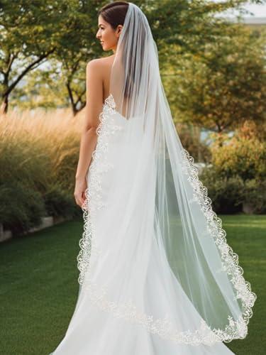 HEREAD Lace Bride Wedding Veil Ivory Long Bridal Veils Tulle with Comb (Ivory)