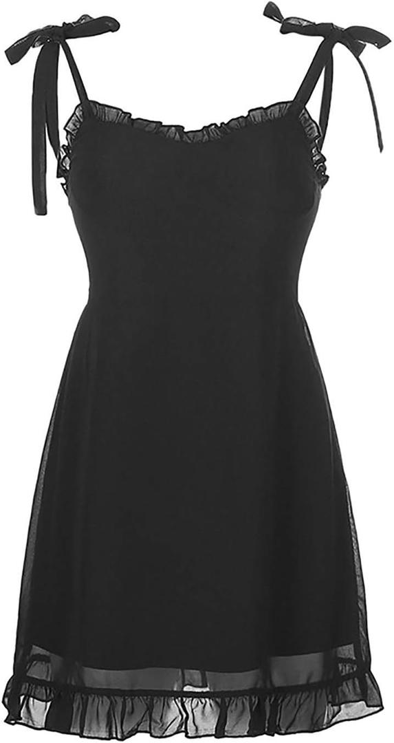 Goth Dark Sweet Black Summer Mini Dresses Spaghetti Straps Sleeveless Swing Skater Dress Club Party Y2K Streetwear (X-Large)