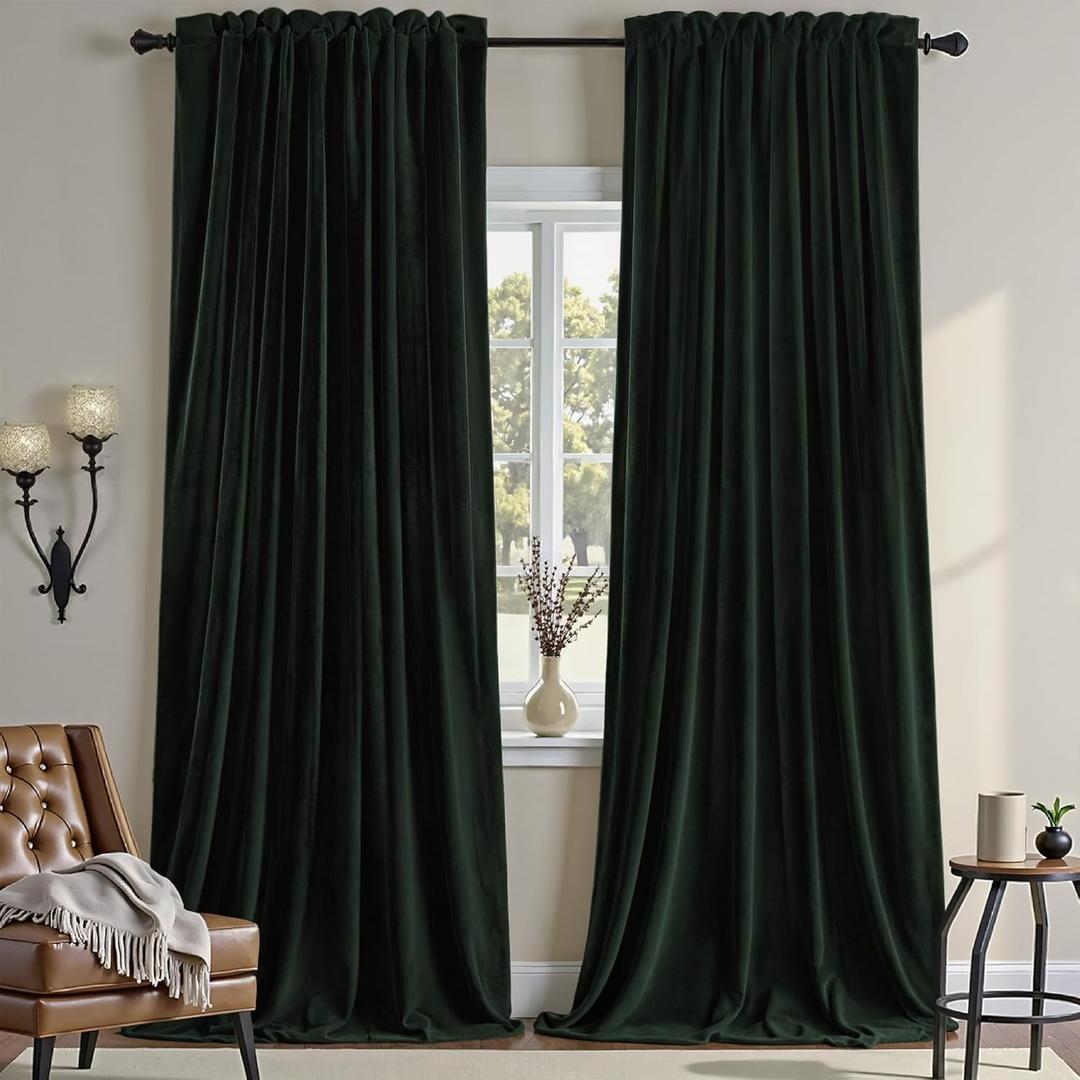 Nemia Dark Green Velvet Curtains Thermal Insulated Blackout Curtain for Bedroom Window Living Room Darkening Luxury Vintage 94 Inches Long Heavy Drapes Panels Rod Pocket Set of 2