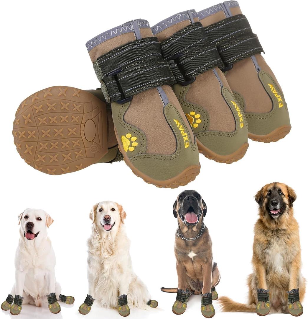 EXPAWLORER Anti-Slip Dog Shoes - 4PCS Waterproof Dog Boots with Reflective Straps for Outdoor Hiking, Dog Paw Protectors for Hot Pavement Winter Snow, Non Slip Dog Booties for Small Medium Large Dogs, Khaki (Size 5: 2.80"x2.44" (L*W) (Pack of 4))