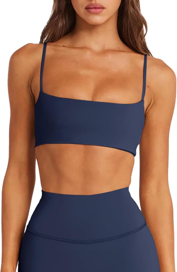 LASLULU Womens Adjustable Spaghetti Straps Sports Bra Square Neck Wireless Padded Workout Yoga Crop Tops (Small, Navy Blue)