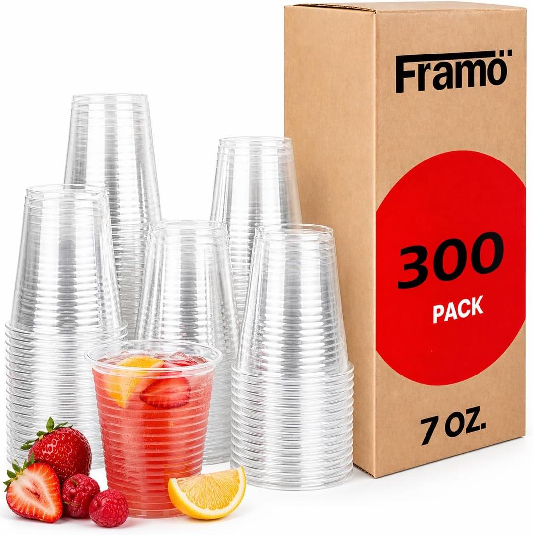 Clear Plastic Cups, 7 oz, 300 Count Disposable Drinkware, Portion for Party, Shot Tasting, Kids Juice, Water, Iced Tea, Coffee, Stackable Easy Separate, Clean Look, Handy for Mixing Paint, Value Pack