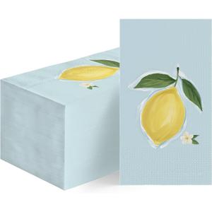 Horaldaily 100 Spring Summer Disposable Paper Decorative Guest Napkins, Lemon Blue Hand Towel for Party Lunch Dinner Kitchen Bathroom