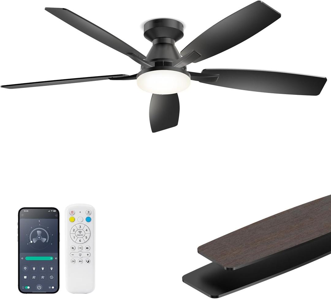 52 Inch Ceiling Fans with Lights, Remote & APP Control, Quiet DC Motor, Dimmable 3CCT LED Light, 6 Speeds, Reversible Low Profile Flush Mount Ceiling Fan for Bedroom Living Room Patio, Black