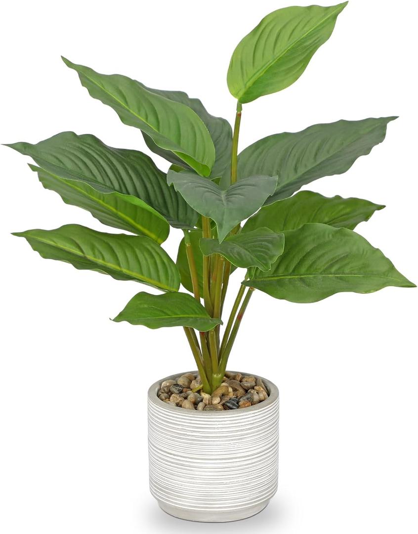 Small Fake Plants Indoor 14.5 Inch Potted Plant Artificial Decor 12 Leaves Faux Plant with Cement Pot Silk House Plants for Home Office Bathroom Kitchen Farmhouse Table Centerpieces Shelf Decor (Green)