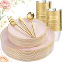 bUCLA 150PCS Pink Plastic Plates - Pink and Gold Disposable Include 25 Each (Dinner & Dessert) Plates, 25 Knives, 25 Forks, 25 Spoons and 25 Cups, Ideal for Party, Wedding & Mother's Day