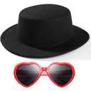 SpareCruise Kids Fashion Classic Black Fedora Hats + Red Heart Sunglasses Costume Outfit - Flat Wide Brim Church Cap Jazz,for Girls