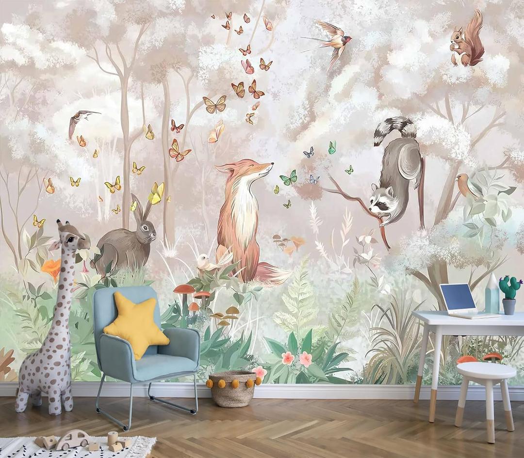 Butterfly Fox Forest Animal Peel and Stick Mural with Pink Background, 86" x 59"