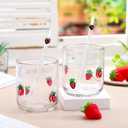Skylety 2 Set Strawberry Icon Juice Glass Cups - Icon Glass Cup with 2 Straw 14 oz Double Old Fashioned Cute Pattern Glassware for Tea, Water, Milk, Coffee, Parties Gifts