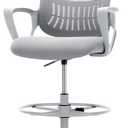 Sweetcrispy Tall Drafting Chair, High Office Desk Chair with Footrest | Comfy Lumbar Support, Counter Height Adjustable, Fixed Arms, 360° Computer Rolling Stool, Grey
