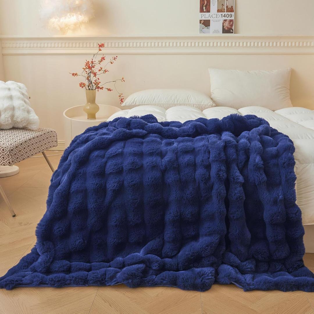 LIFEREVO Fluffy Faux Rabbit Fur Bubble Throw, Plush Shaggy Blanket for Couch Sofa Chair, Soft Cute Royal Furry Blanket Adults Kids Teens Girls, Fuzzy Throw for Bedroom Living Room, 50x60, Navy Blue