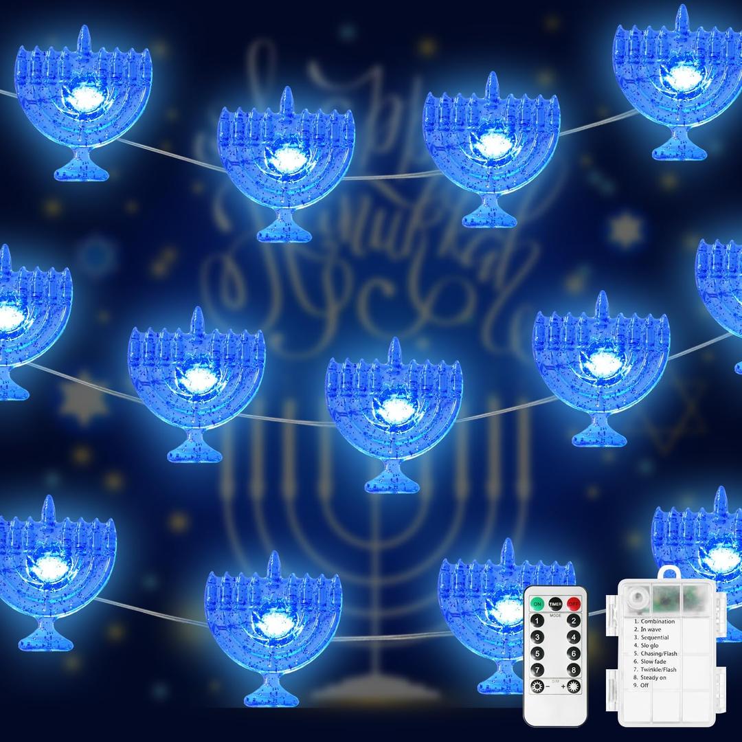 Hanukkah Decorative Menorah Lights Blue, Chanukah String Lights Battery Operated Judaical Style Fairy Lights for Chanukah Jews, Synagogue, Judaism Wedding Party Candelabra Decor- Menorah Copper Lights
