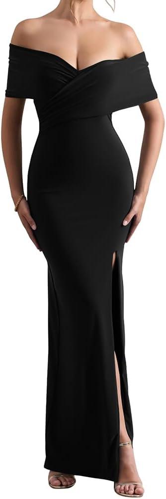 LAGSHIAN Women's Elegant Bodycon Off Shoulder Ruched Split Hem Long Formal Basic Evening Dress (Medium, Black)
