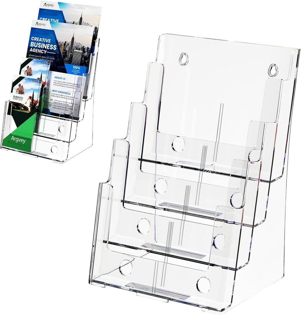 Argvey Acrylic Brochure Holder 8.5 x 11 inches, 4 Tier Clear Brochure Display Stand with Removable Divider for Trifold 4 Inches Wide Pamphlet, Plastic Flyer Holder for Magazine, Literature, Booklet