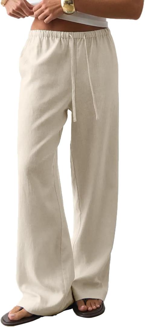 CHYRII Women's Summer Casual Wide Leg Pants Cotton Linen Palazzo Pants Beach Vacation Trouser with Pockets (Beige, M)