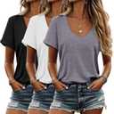 Riyiper 3 Pack Women's V Neck Shirt, Summer Rolled Sleeve Solid Tops Casual Loose Tees Lightweight Basic Soft T-shirt (Large, Black, White, Light Gray)
